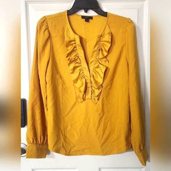 J. Crew Tops - J Crew, Size M Goldenrod Ruffle Front Long Sleeve Satin Crepe Blouse